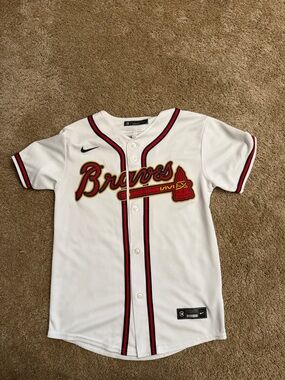 Nike White Braves Youth Baseball Jersey with Red and Navy Trim